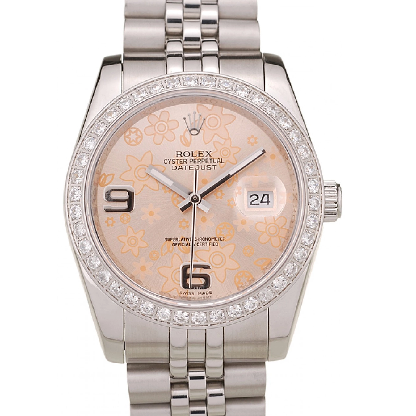 Aaa replica watch Flowers Rolex Orange Diamonds Plated Stainless Brushed Dial Steel DateJust Case 0818